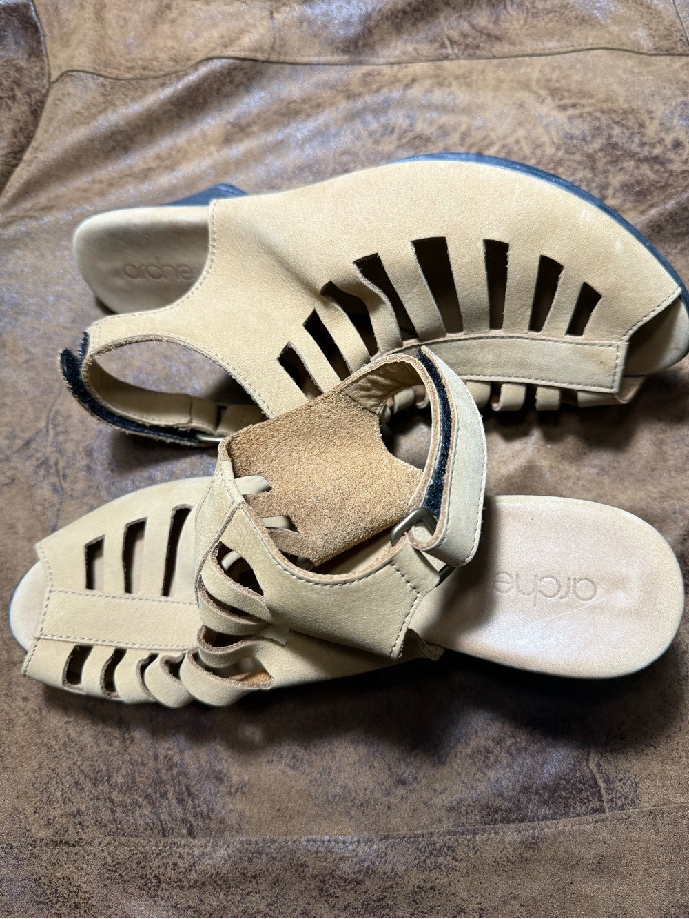 66. Arche Tan Cutout Leather Slingback Sandals